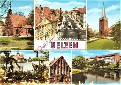 Ansichtskarte Deutschland - Niedersachsen - Uelzen - Gertrudenkapelle, Lüneburger Strasse, Kirche, Ratsteich, Pastorat, Lessingschule (1490)