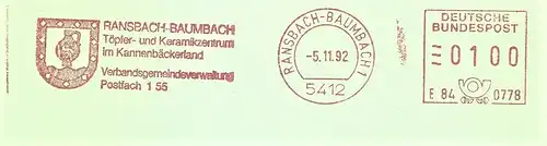 Freistempel E84 0778 Ransbach-Baumbach - Verbandsgemeindeverwaltung - Töpfer- und Keramikzentrum im Kannenbäckerland (Abb. Wappen mit Salzkeramikhenkelkrug) (#1798)