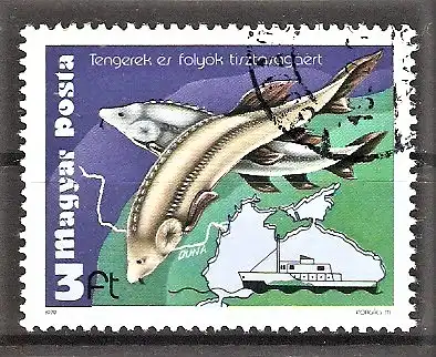 Briefmarke Ungarn Mi.Nr. 3369 A o Gewässerschutz 1979 / Hausen (Huso huso), Forschungsschiff Calypso, Karte des Schwarzen Meeres