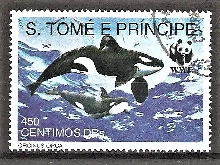 Briefmarke Sao Tome & Principe Mi.Nr. 1303 o Meeressäugetiere 1992 / Zwei Schwertwale (Orcinus orca)