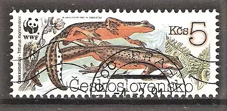 Briefmarke Tschechoslowakei Mi.Nr. 3010 o Weltweiter Naturschutz 1989 / Amphibien - Karpatenmolch