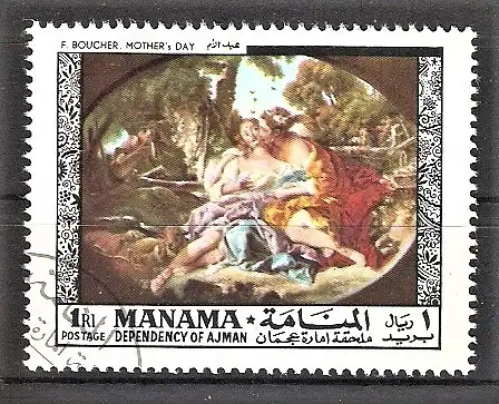 Briefmarke Ajman-Manama Mi.Nr. 444 A o Gemälde alter Meister 1968 - "Sylvia heilt Phyllis von einem Bienenstich" von François Boucher