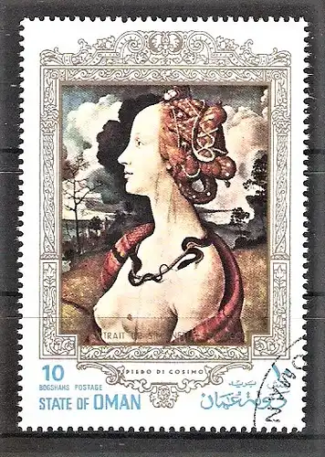 Briefmarke State of Oman - Porträts alter Meister 1972 / "Simonetta Vespucci" von Piero di Cosimo