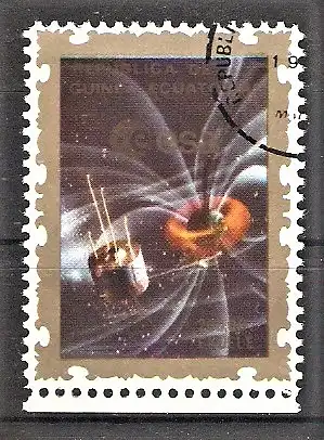 Briefmarke Äquatorial-Guinea Mi.Nr. 1266 A o Europäische Raumfahrtagentur ESA 1976 / Wettersatellit GEOS 1 - Erdmagnetfeld
