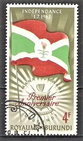Briefmarke Burundi Mi.Nr. 53 A o 1. Jahrestag der Unabhängigkeit 1963 / Flagge und Wappen von Burundi