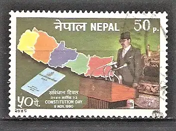 Briefmarke Nepal Mi.Nr. 518 o Neue Verfassung 1991 / König Birendra am Rednerpult - Landkarte Nepals - Verfassungsdokument