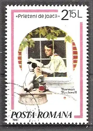 Briefmarke Rumänien Mi.Nr. 3833 o Kinderspiele 1981 / "Schularbeiten mit Hund" - Gemälde von Norman Rockwell