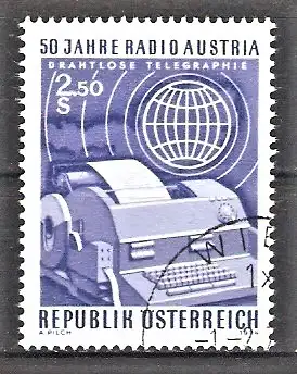 Briefmarke Österreich Mi.Nr. 1437 o 50 Jahre Radio Austria 1974 / Fernschreiber, Weltkugel