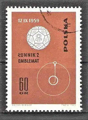 Briefmarke Polen Mi.Nr. 1440 o Eroberung des Weltraums 1963 / UdSSR-Emblem, das mit Lunik 2 auf den Mond geschossen wurde