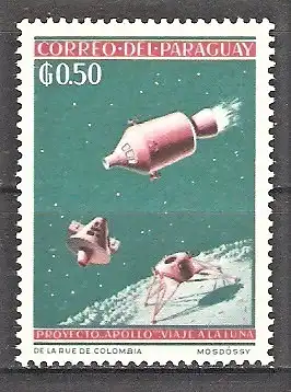 Briefmarke Paraguay Mi.Nr. 1299 ** Weltraumforschung 1964 / Fernmeldesatellit Telstar und Raumfähre beim Start von der Mondoberfläche