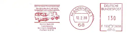 Freistempel F19 9098 Mannheim - Daimler Benz AG - Niederlassung Mannheim-Heidelberg - NEU in unserer Transporterfamilie: Der Mercedes-Benz MB 100 D. Sympathisch und rundum nützlich. (Abb. Mercedes-Benz Transporter) (#2000)