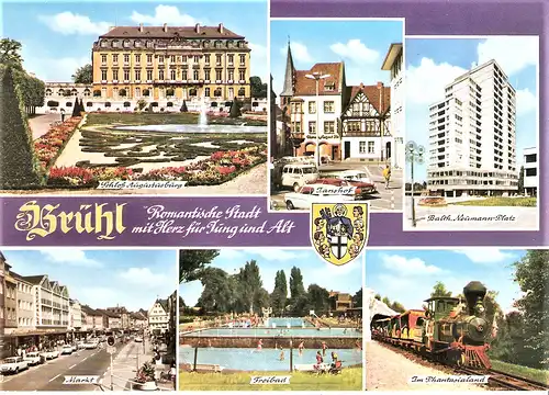 Ansichtskarte Deutschland - Brühl - Schloß Augustusburg, Tanshof, Balthasar Neumann Platz, Markt, Freibad, Eisenbahn im Phantasialand (1514)