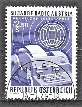 Briefmarke Österreich Mi.Nr. 1437 o 50 Jahre Radio Austria 1974 / Fernschreiber, Weltkugel