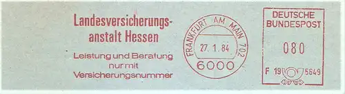 Freistempel F19 5649 Frankfurt am Main - Landesversicherungsanstalt Hessen - Leistung und Beratung nur mit Versicherungsnummer (#2019)