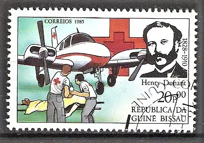 Briefmarke Guinea-Bissau Mi.Nr. 852 o Internationales Rotes Kreuz 1985 / Henry Dunant, Flugzeug, verletzte Person, Helfer