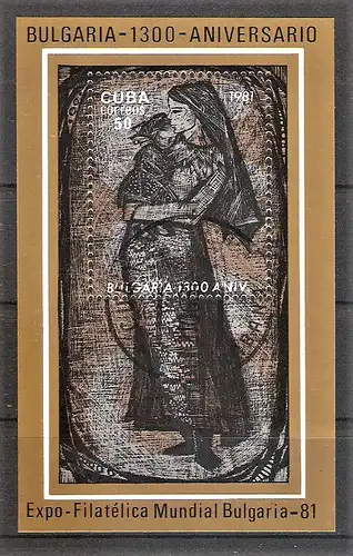 Briefmarke Cuba BLOCK 68 o (Mi.Nr. 2568) Gründung des ersten Bulgarenreiches vor 1300 Jahren, Internationale Briefmarkenausstellung BULGARIA ’81 / Gemälde - Zlatka Dabova / Mutter mit Kind