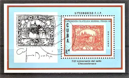 Briefmarke Cuba BLOCK 112 o (Mi.Nr. 3218) Internationale Briefmarkenausstellung PRAGA ’88