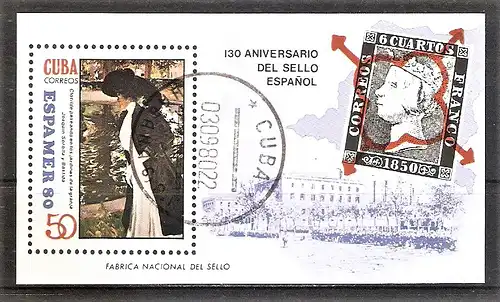Briefmarke Cuba BLOCK 63 o (Mi.Nr. 2493) Internationale Briefmarkenausstellung Espamer ’80 / Gemälde - Joaquin Sorolla y Bastida / Frau im Park