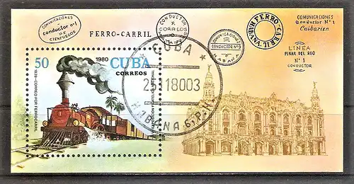 Briefmarke Cuba BLOCK 65 o (Mi.Nr. 2524) 7. Nationale Briefmarkenausstellung 1980 / Postbeförderung per Eisenbahn