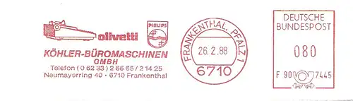 Freistempel F90 7445 Frankenthal Pfalz - KÖHLER BÜROMASCHINEN GMBH - olivetti / PHILIPS (Abb. Schreibmaschine) (#2047)