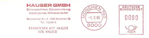 Freistempel München - HAUSER GMBH - Büromaschinen, Büroeinrichtung, Kopiergeräte, Mikrocomputer - Frankieren mit Hasler von Hauser (#2082)