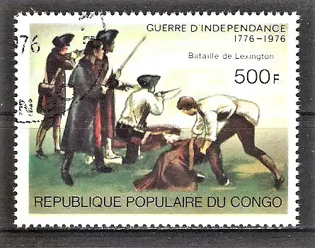 Briefmarke Kongo - Brazzaville Mi.Nr. 561 o 200 Jahre Unabhängigkeit der Vereinigten Staaten von Amerika 1976 / Schlacht bei Lexington