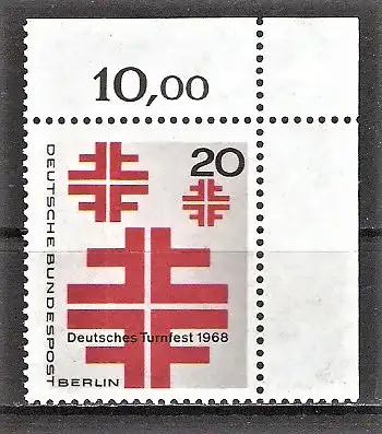 Briefmarke Berlin Mi.Nr. 321 ** BOGENECKE o.r. / Deutsches Turnfest Berlin 1968