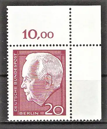 Briefmarke Berlin Mi.Nr. 234 ** BOGENECKE o.r. / Bundespräsident Heinrich Lübke 1964