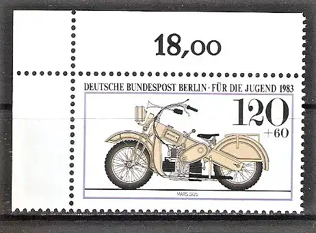 Briefmarke Berlin Mi.Nr. 697 ** BOGENECKE o.l. / Jugend: Historische Motorräder 1983