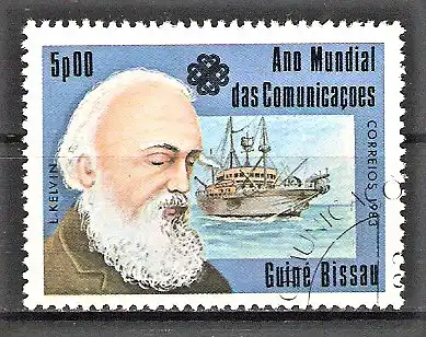 Briefmarke Guinea-Bissau Mi.Nr. 702 o Weltkommunikationsjahr 1983 / Lord Kelvin & Kabelleger Schiff