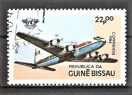 Briefmarke Guinea-Bissau Mi.Nr. 755 o 40 Jahre Internationale Organisation für Zivilluftfahrt 1984 / Flugzeug DC-6B