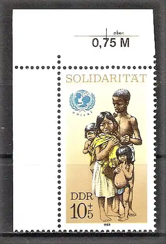 Briefmarke DDR Mi.Nr. 3275 ** BOGENECKE o.l. / Internationale Solidarität 1989 / Afrikanische Kinder, UNICEF-Emblem