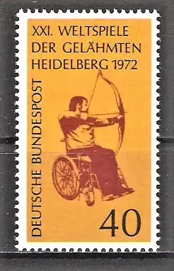 Briefmarke BRD Mi.Nr. 733 ** Weltspiele der Gelähmten 1972 / Rollstuhlfahrer beim Bogenschießen