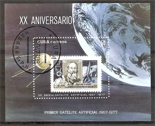 Briefmarke Cuba BLOCK 50 o (Mi.Nr. 2214) 20. Jahrestag des erfolgreichen Starts von Sputnik I 1977