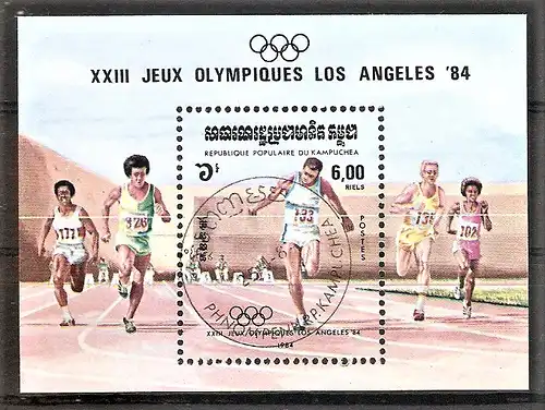 Briefmarke Kambodscha BLOCK 137 o (Mi.Nr. 575) Olympische Sommerspiele, Los Angeles 1984 / 100-m-Lauf