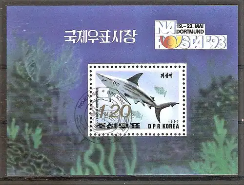Briefmarke Korea-Nord BLOCK 281 o (Mi.Nr. 3398) Nationale Briefmarkenausstellung NAPOSTA ’93 in Dortmund / Makrelenhai