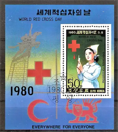 Briefmarke Korea-Nord BLOCK 71 o (Mi.Nr. 1983) Welttag des Roten Kreuzes 1980 / Krankenschwester