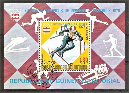 Briefmarke Äquatorial-Guinea Block 159 o (Mi.Nr. 546) Olympische Winterspiele 1976 Innsbruck / Skiabfahrtsläufer