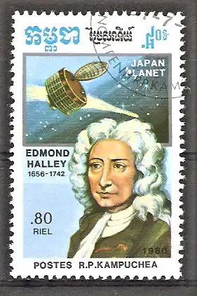 Briefmarke Kambodscha Mi.Nr. 786 o Wiederkehr des Halleyschen Kometen 1986 / Edmond Halley, Raumsonde Planet A
