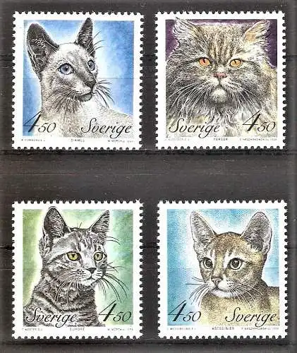 Briefmarke Schweden Mi.Nr. 1813-1816 ** Katzen 1994 / Siamkatze, Perserkatze, Europäische Kurzhaarkatze, Abessinische Katze / Kompletter Satz !