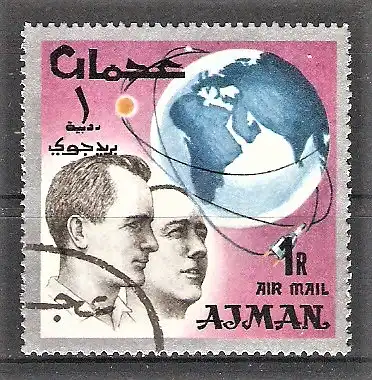 Briefmarke Ajman Mi.Nr. 100 A o Weltraumforschung 1966 / Astronauten E. H. White und Mc Divitt / Erdkugel mit Umlaufbahnen