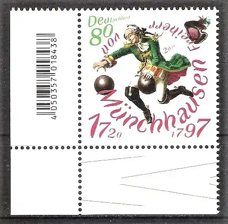 Briefmarke BRD Mi.Nr. 3546 ** BOGENECKE u.l. / Freiherr von Münchhausen 2020 / Münchhausens Ritt auf der Kanonenkugel