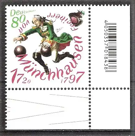 Briefmarke BRD Mi.Nr. 3546 ** BOGENECKE u.r. / Freiherr von Münchhausen 2020 / Münchhausens Ritt auf der Kanonenkugel