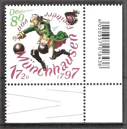 Briefmarke BRD Mi.Nr. 3546 ** BOGENECKE u.r. / Freiherr von Münchhausen 2020 / Münchhausens Ritt auf der Kanonenkugel