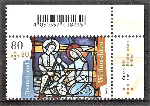 Briefmarke BRD Mi.Nr. 3571 ** BOGENECKE o.r. Weihnachten 2020 / Geburt Christi, Detail eines Kirchenfensters von St. Katharina, Bad Soden am Taunus