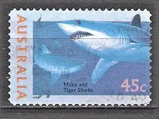 Briefmarke Australien Mi.Nr. 1522 o Unterwasserwelt 1995 / Makrelenhai (Isurus oxyrhynchus) & Tigerhai (Galeocerdo cuvieri)