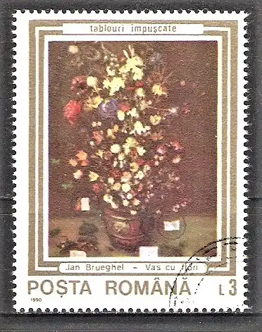 Briefmarke Rumänien Mi.Nr. 4625 o In der Revolutionszeit (1989) beschädigte Gemälde 1990 / "Vase mit Blumen" von Jan Brueghel d. Ä.