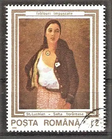 Briefmarke Rumänien Mi.Nr. 4624 o In der Revolutionszeit (1989) beschädigte Gemälde 1990 / "Die Blumenhändlerin" von Ștefan Luchian