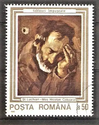 Briefmarke Rumänien Mi.Nr. 4622 o In der Revolutionszeit (1989) beschädigte Gemälde 1990 / "Väterchen Nikolaus, der Cobza-Spieler" von Ștefan Luchian