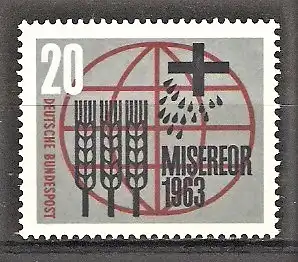 Briefmarke BRD Mi.Nr. 391 ** Misereor 1963 - Kampf gegen Hunger und Krankheit auf der Welt / Kornähren, Samenkörner, Kreuz und Inschrift vor Erdkugel